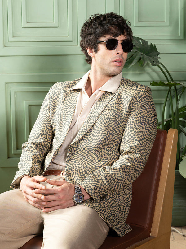 Men's Moon Grey & Khaki Beige Tailored Curved-Check Jacquard Blazer