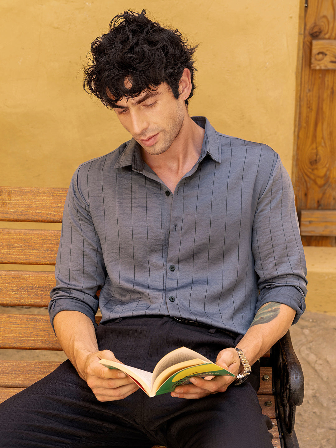 Men's Grey Pinstriped Regular Fit Casual Shirt