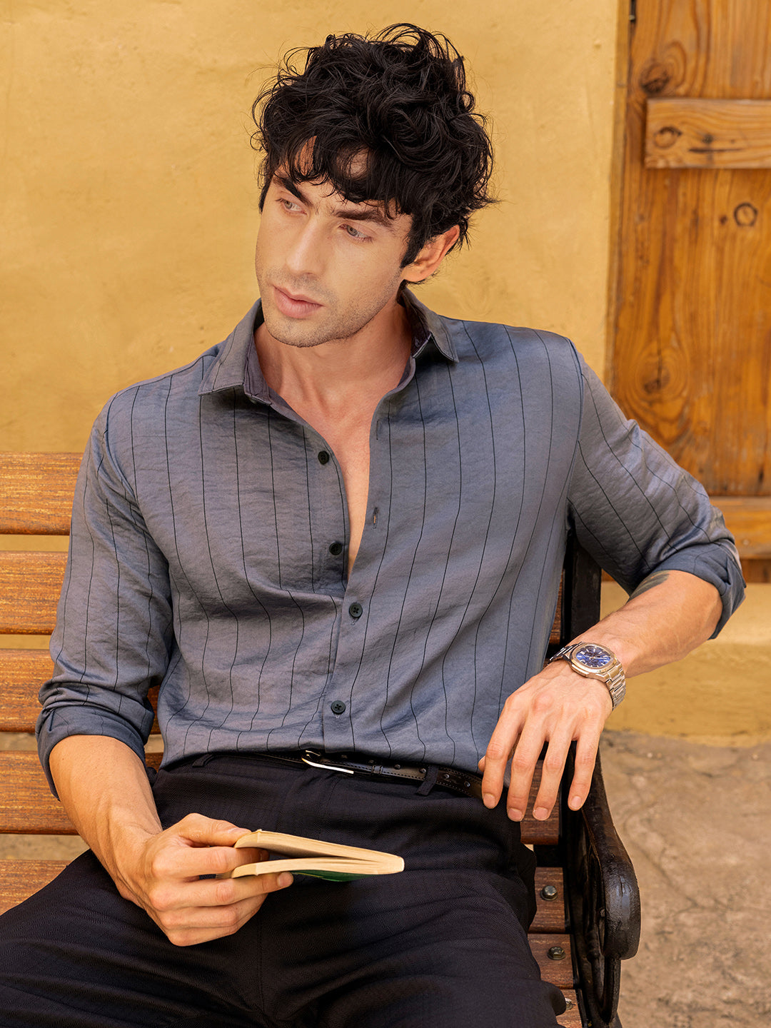 Men's Grey Pinstriped Regular Fit Casual Shirt