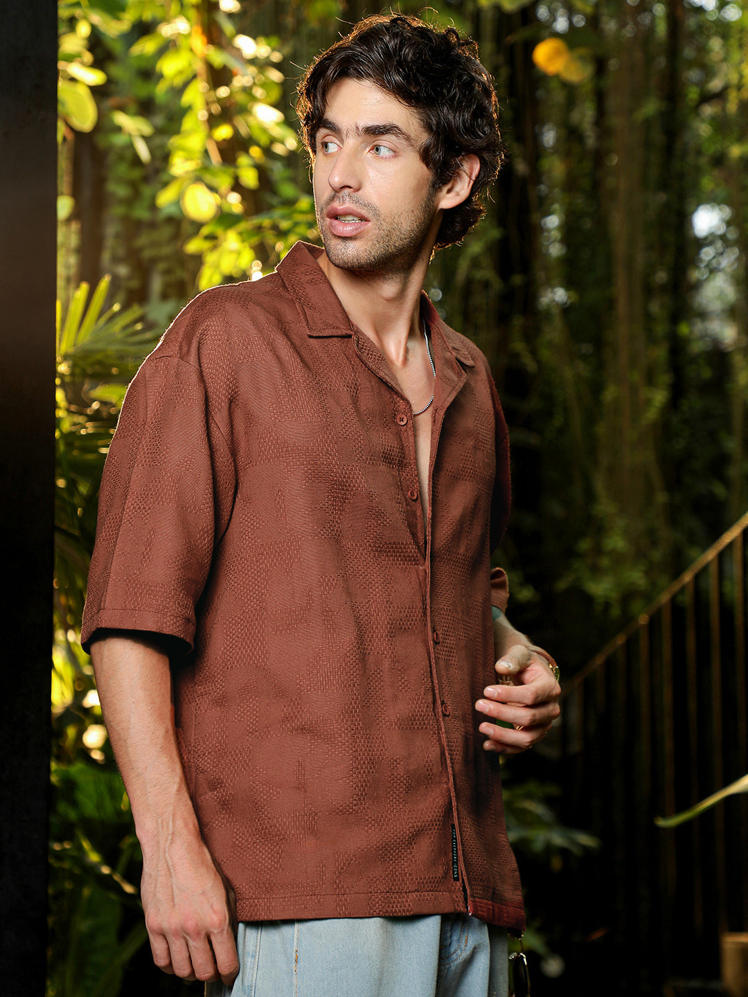 Men's Rust Self-Design Relaxed Fit Cuban Collar Shirt