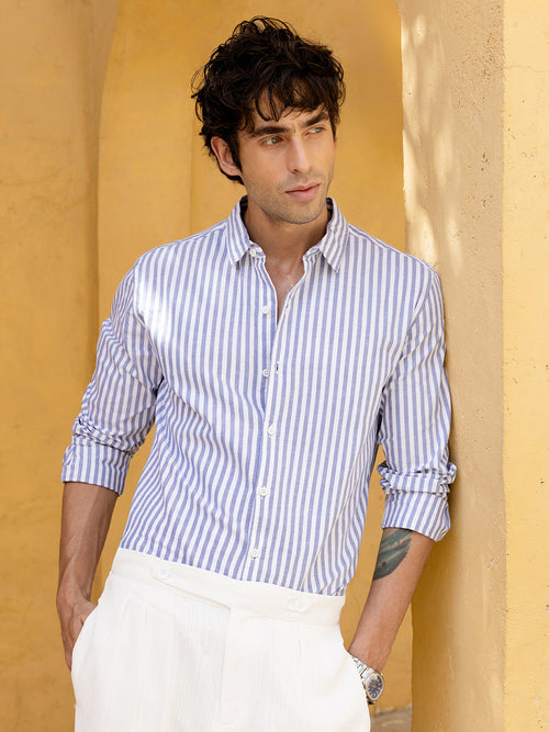 Men's Blue & White Striped Regular Fit Cotton Casual Shirt