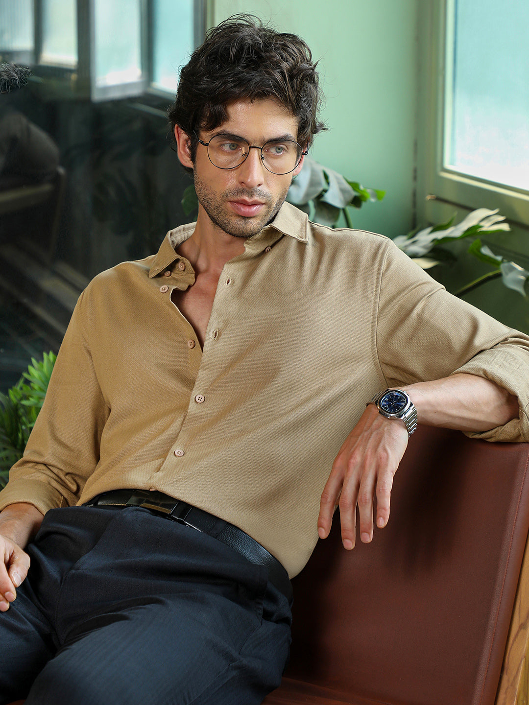 Men's Solid Khaki Cotton Button-Down Casual Shirt