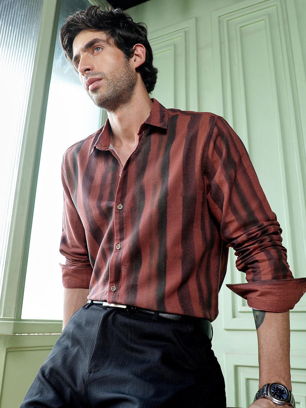 Men's Rust & Black Vertical Stripe Regular Fit Casual Shirt