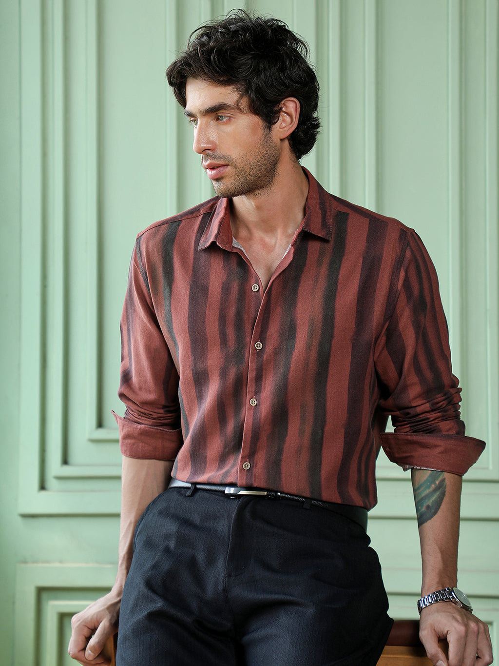 Men's Rust & Black Vertical Stripe Regular Fit Casual Shirt