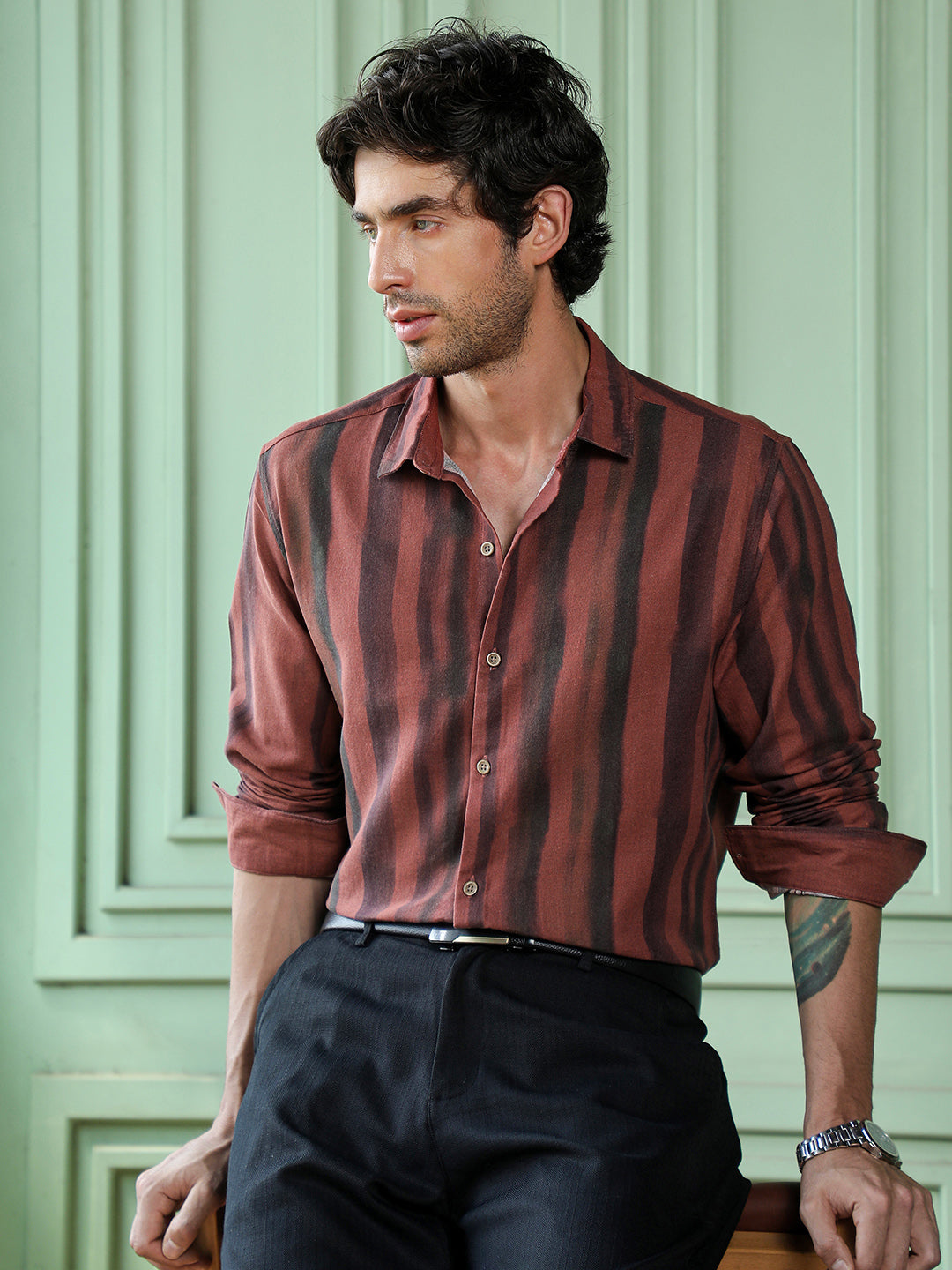 Men's Rust & Black Vertical Stripe Regular Fit Casual Shirt