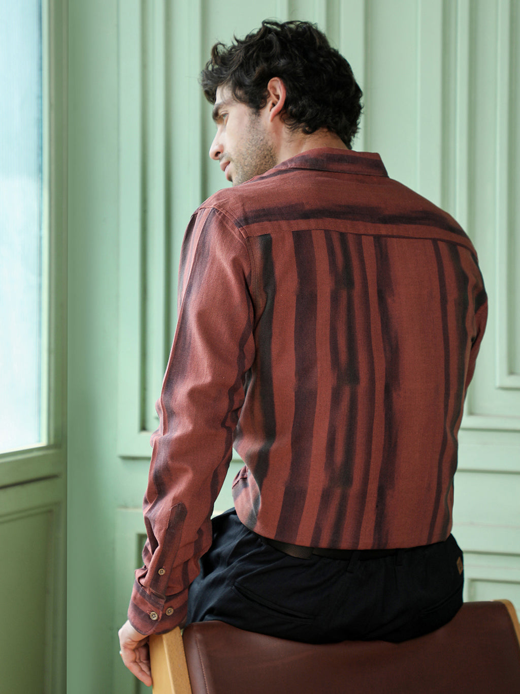 Men's Rust & Black Vertical Stripe Regular Fit Casual Shirt