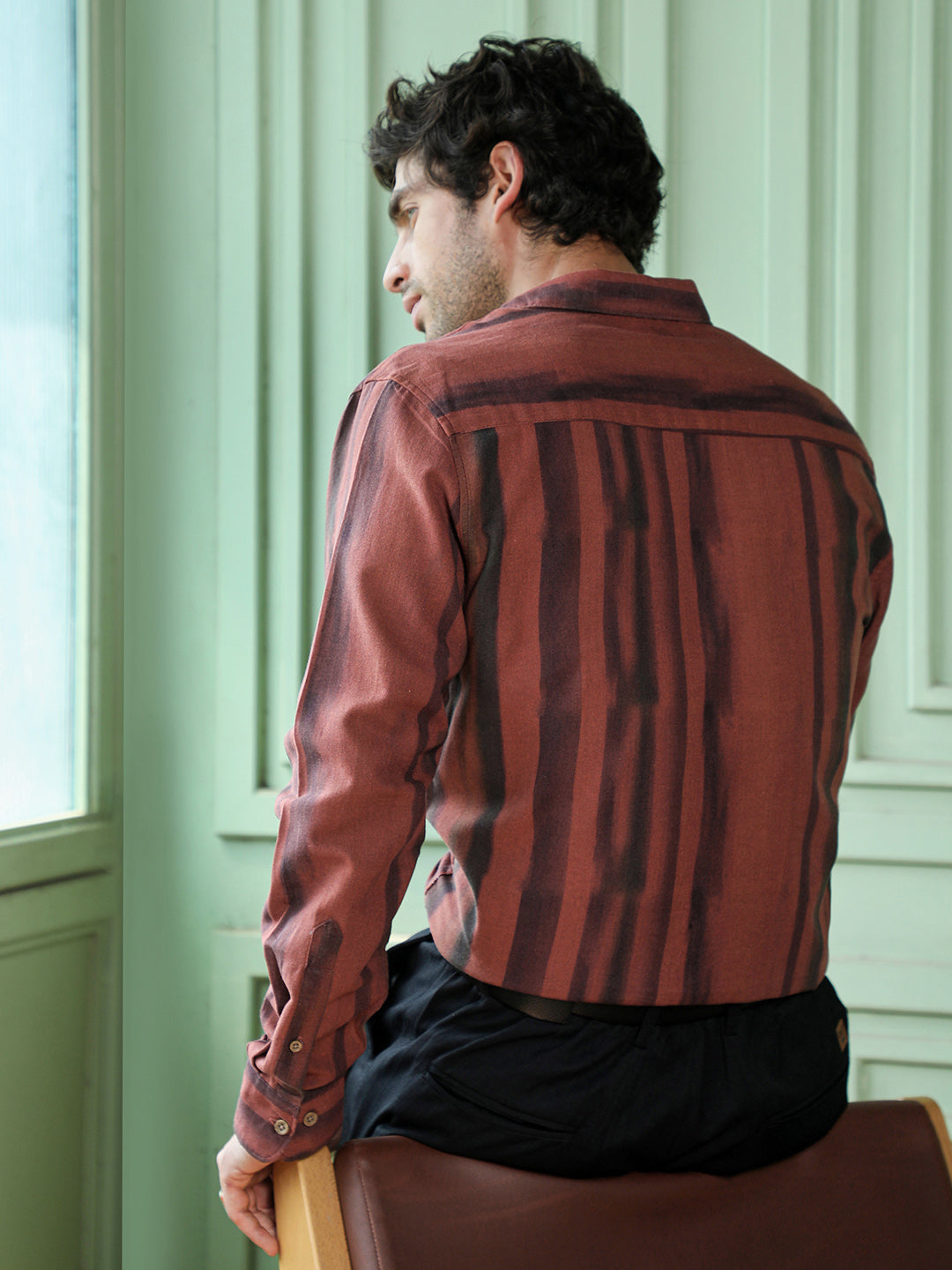 Men's Rust & Black Vertical Stripe Regular Fit Casual Shirt