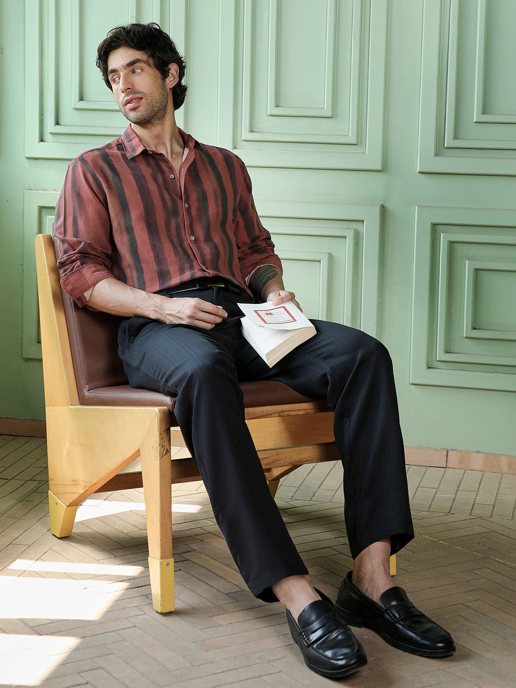 Men's Rust & Black Vertical Stripe Regular Fit Casual Shirt