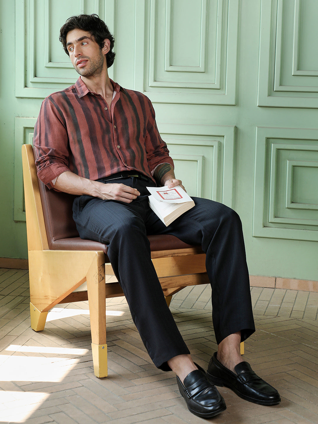 Men's Rust & Black Vertical Stripe Regular Fit Casual Shirt