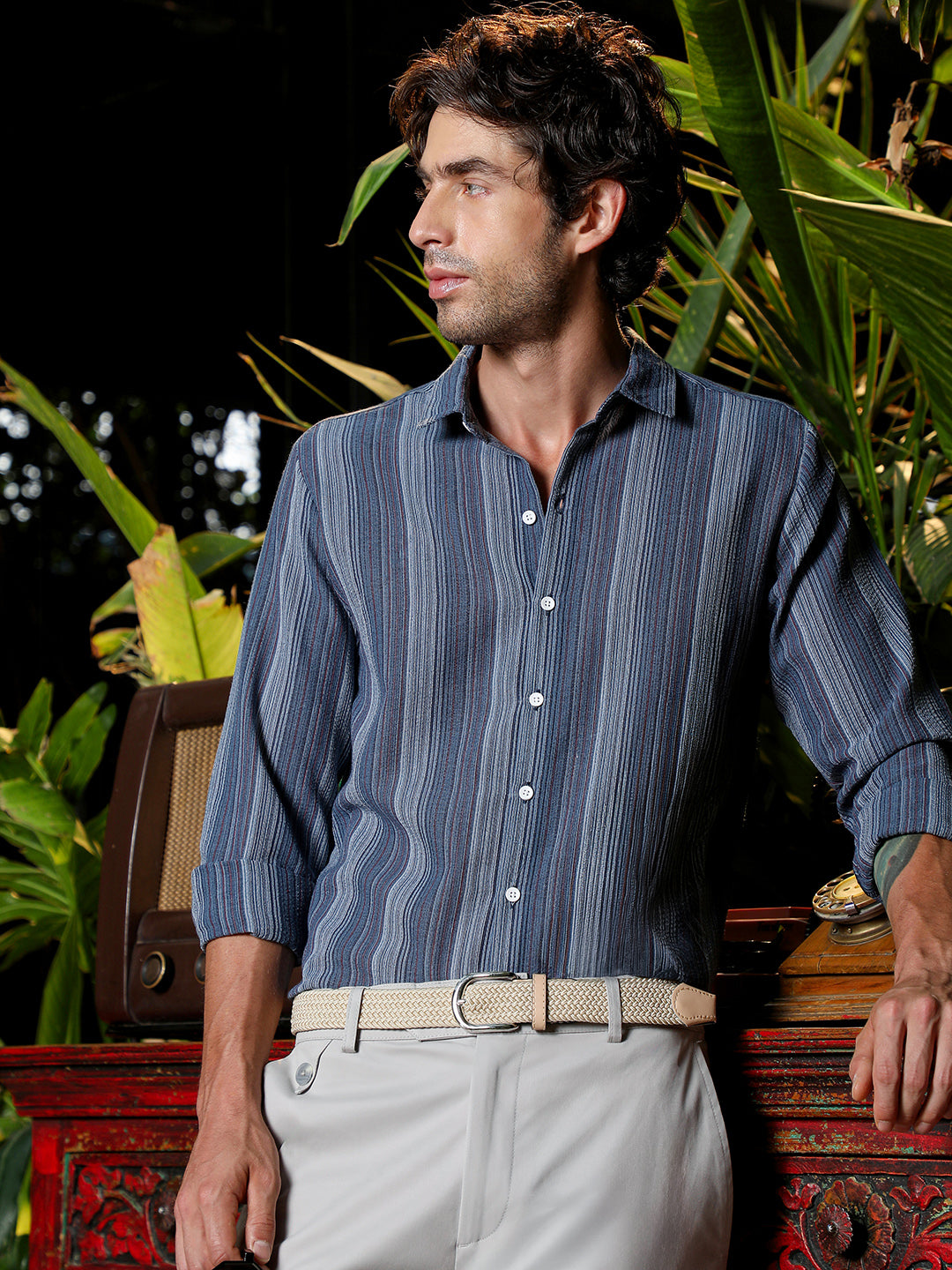 Men's Blue Textured Vertical Stripe Casual Shirt
