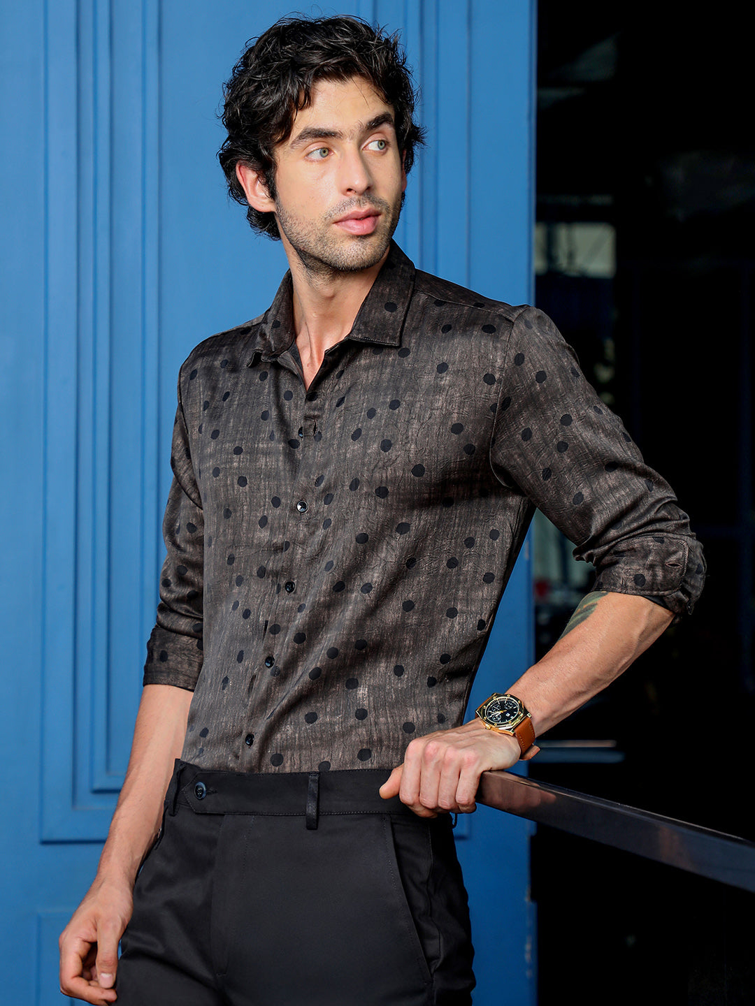 Men's Slim Fit Polka Dot Printed Party Shirt