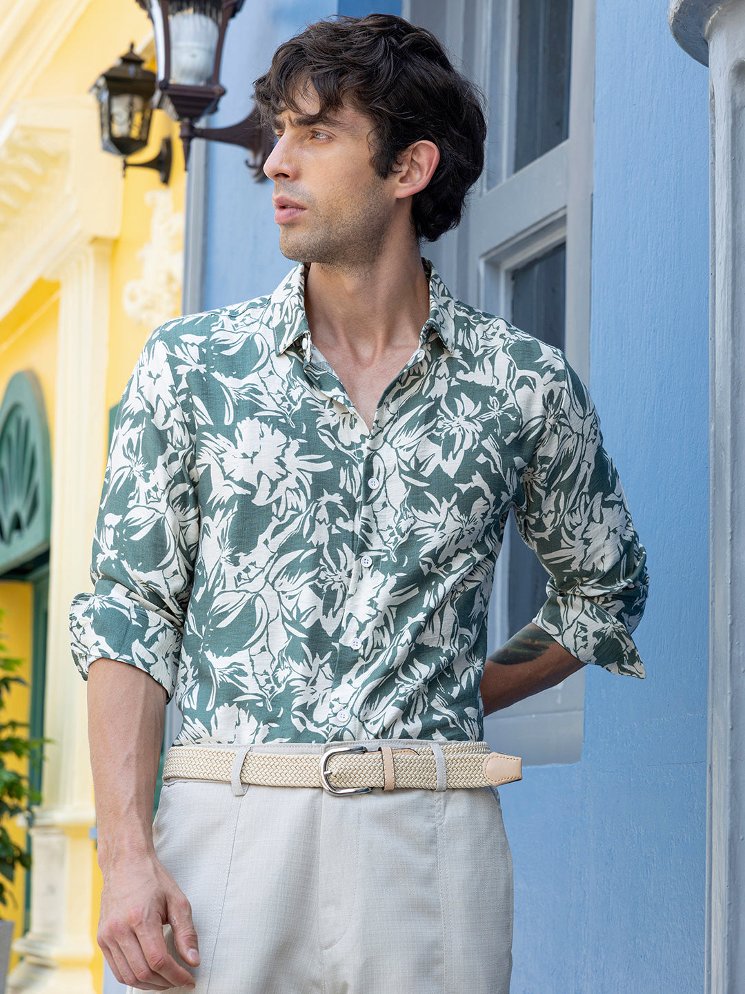 Men's Sage Green Floral Printed Casual Shirt