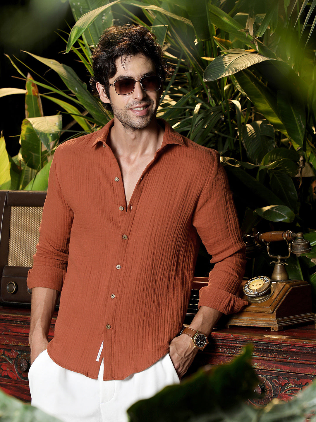 Men's Rust Textured Cotton Regular Fit Casual Shirt