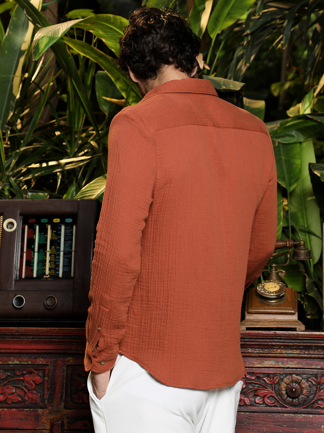 Men's Rust Textured Cotton Regular Fit Casual Shirt