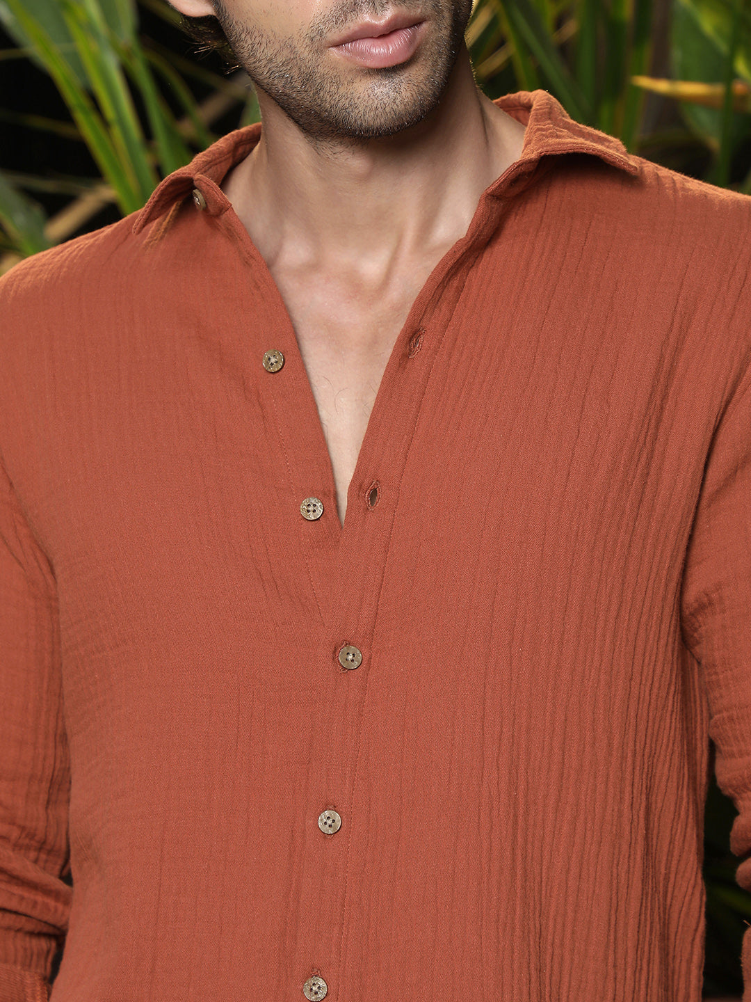 Men's Rust Textured Cotton Regular Fit Casual Shirt