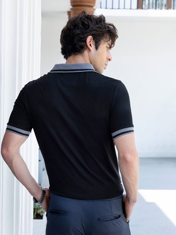 Men's Black Tipped Polo T-Shirt with Grey Contrast Details