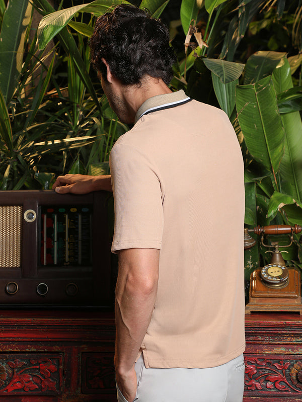 Men's Beige Solid Zip Neck Half Sleeve T-Shirt