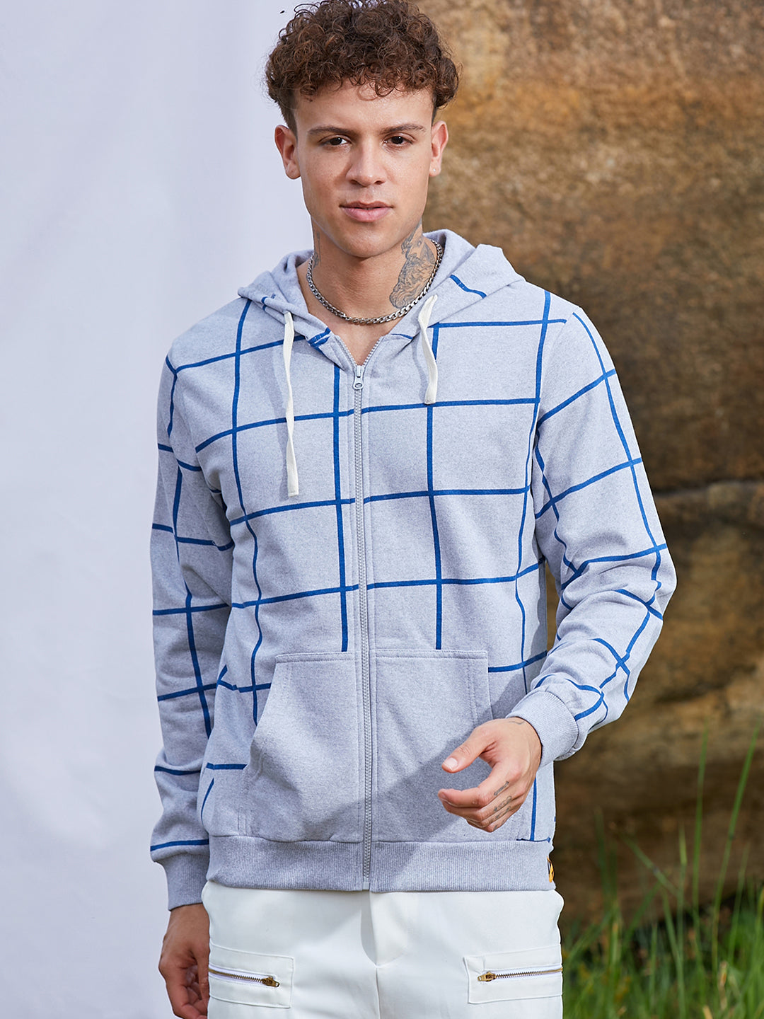 Contrast Graph Check Hoodie With Zip-Closure