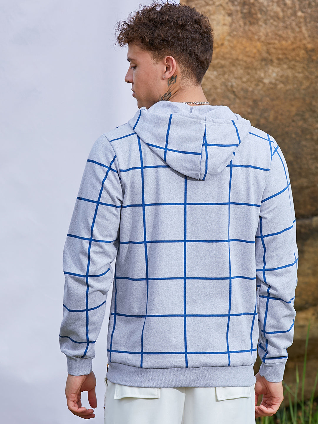 Contrast Graph Check Hoodie With Zip-Closure