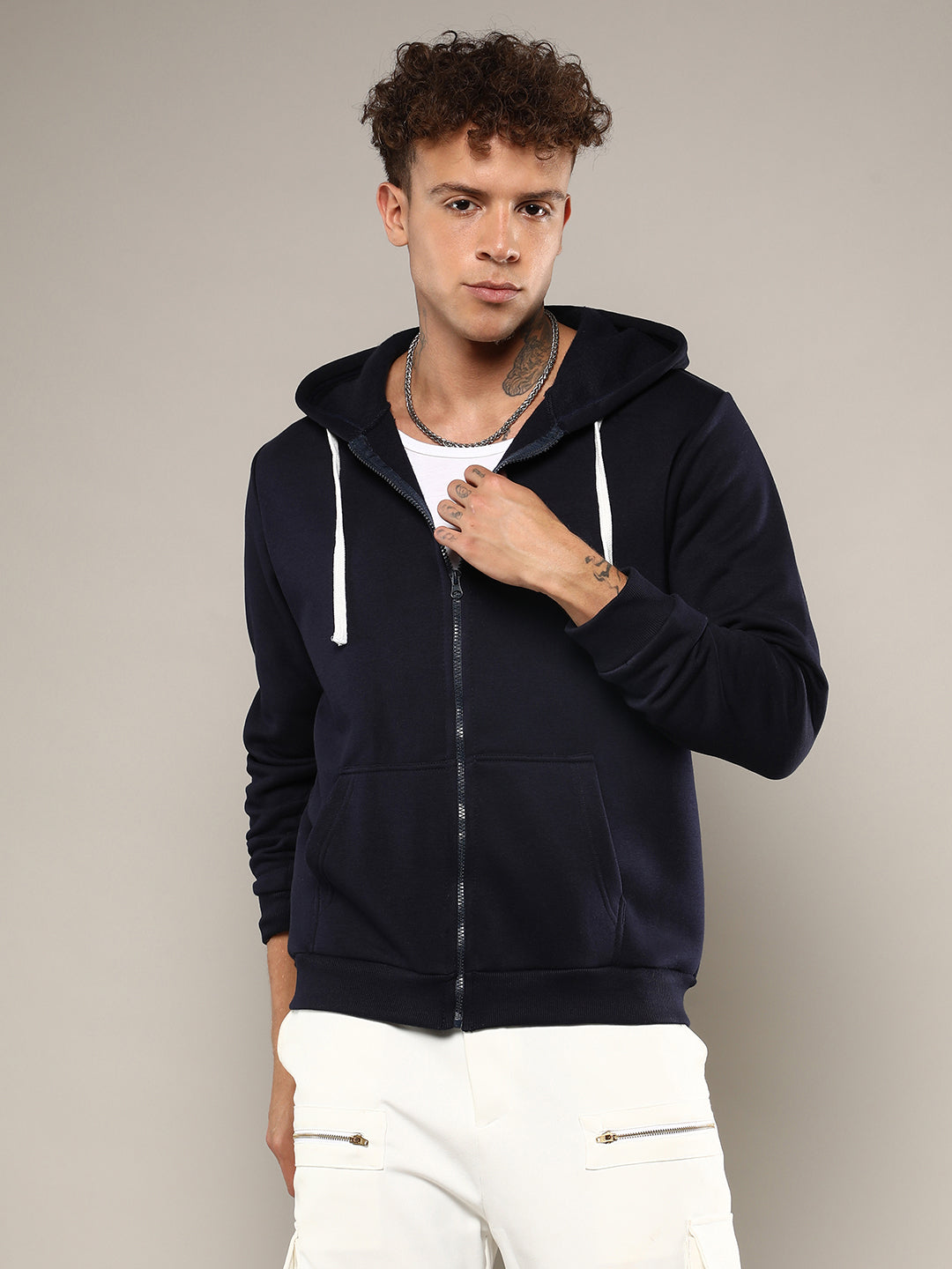 Zip-Front Hoodie With Contrast Drawstring