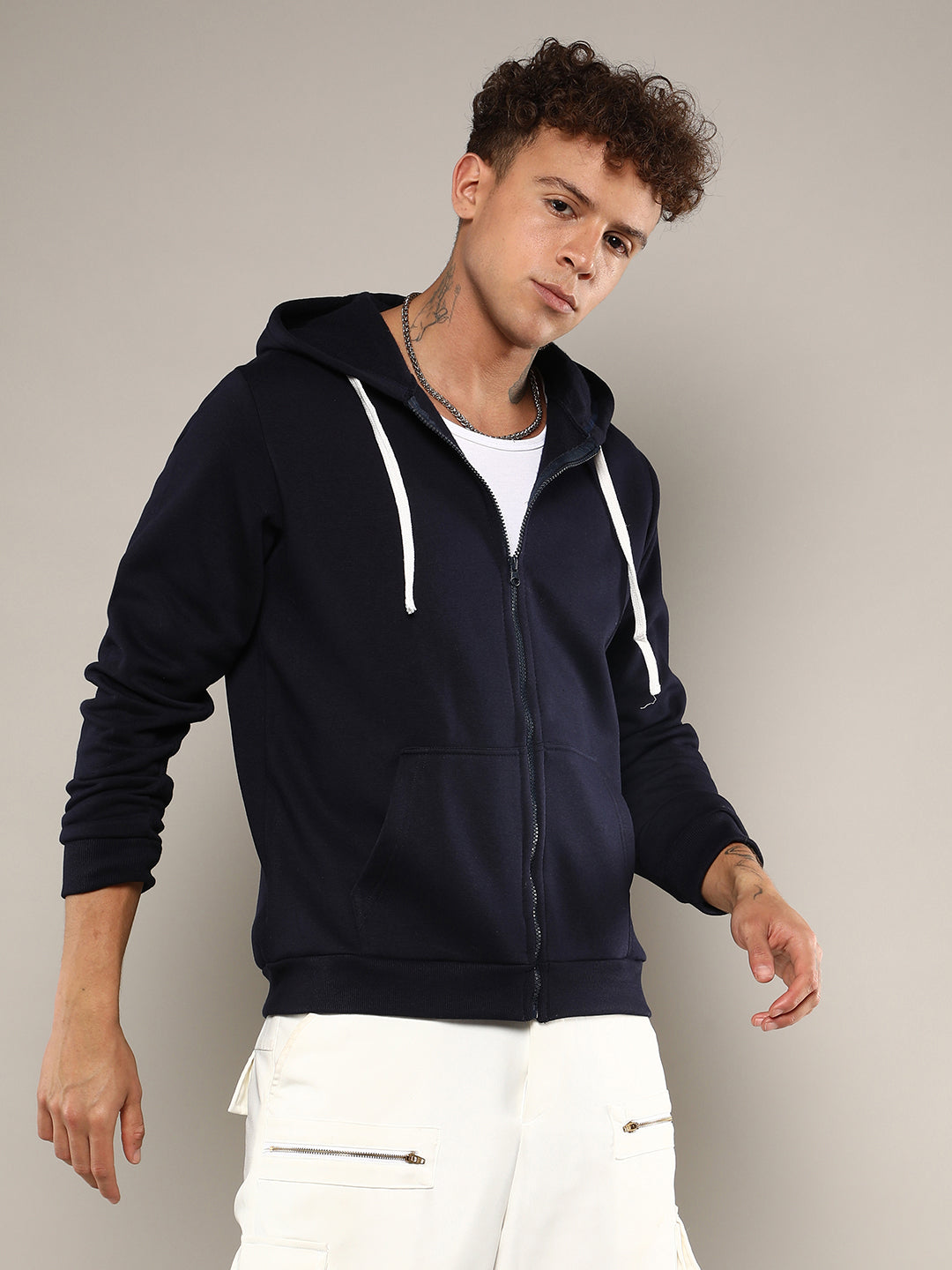 Zip-Front Hoodie With Contrast Drawstring