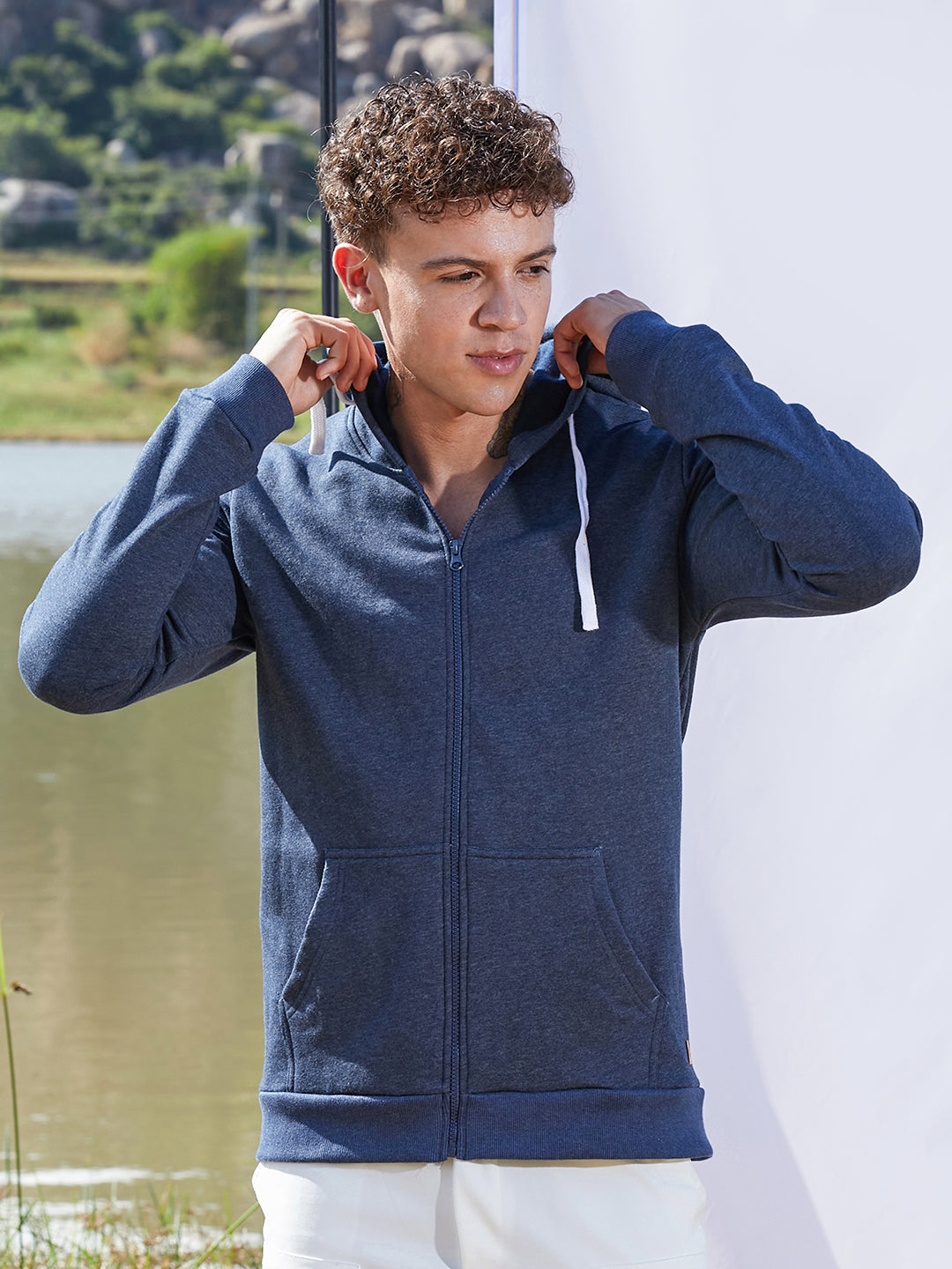 Zip-Front Hoodie With Contrast Drawstring