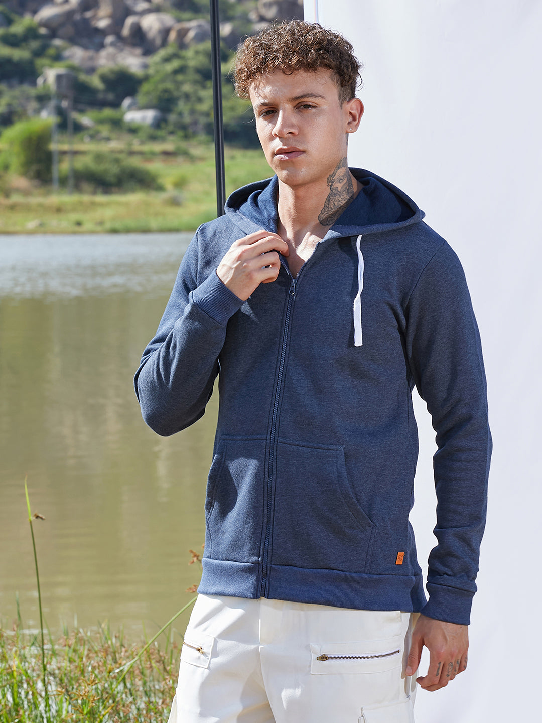 Zip-Front Hoodie With Contrast Drawstring