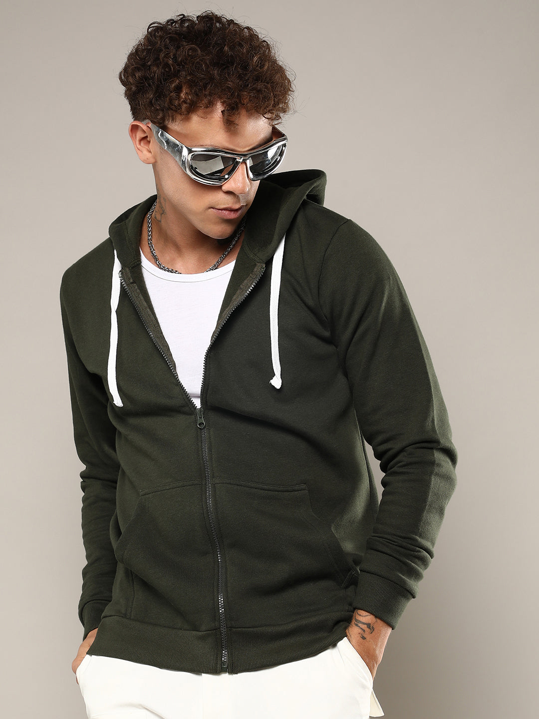 Zip-Front Hoodie With Contrast Drawstring