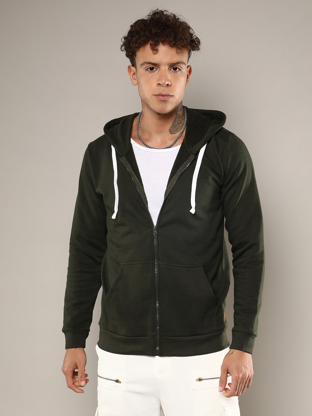 Zip-Front Hoodie With Contrast Drawstring