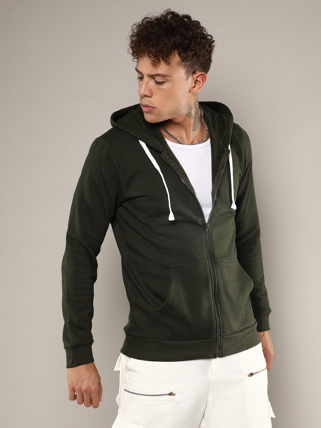 Zip-Front Hoodie With Contrast Drawstring