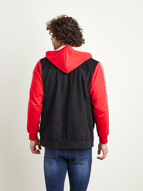 Dark-Wash Denim Jacket With Sweatshirt Sleeve