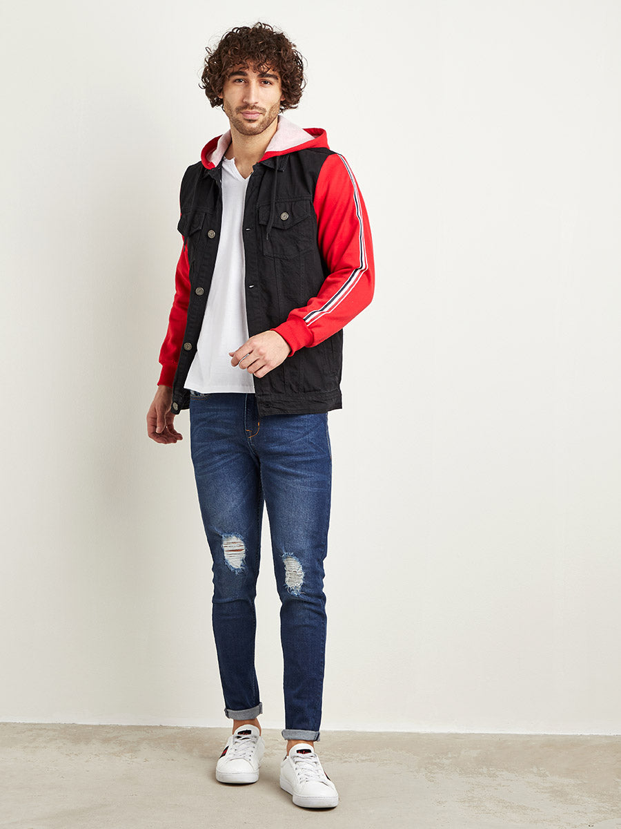 Dark-Wash Denim Jacket With Sweatshirt Sleeve