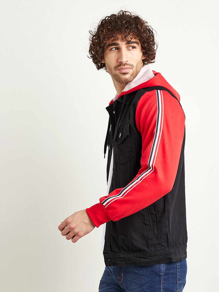 Dark-Wash Denim Jacket With Sweatshirt Sleeve