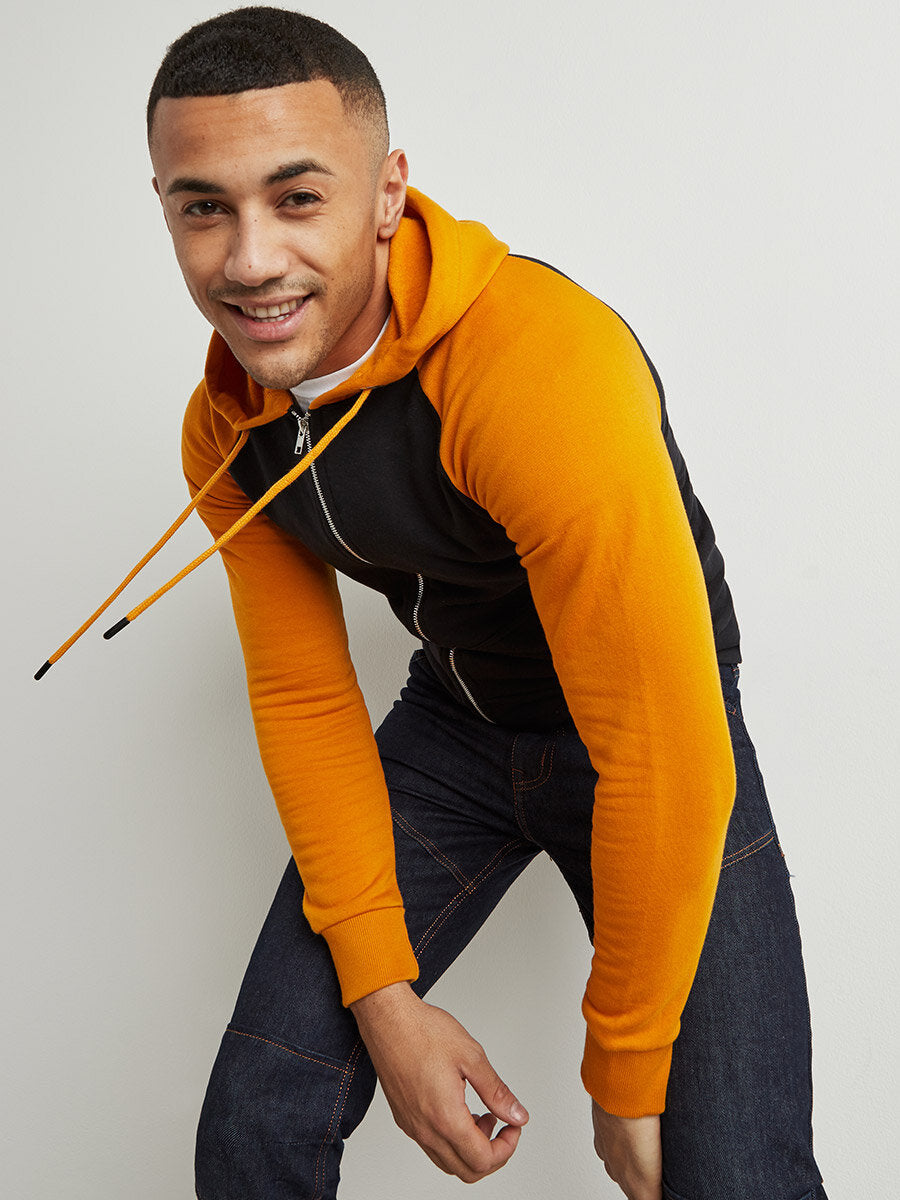 Mustard Black Hooded Zipper Sweatshirt
