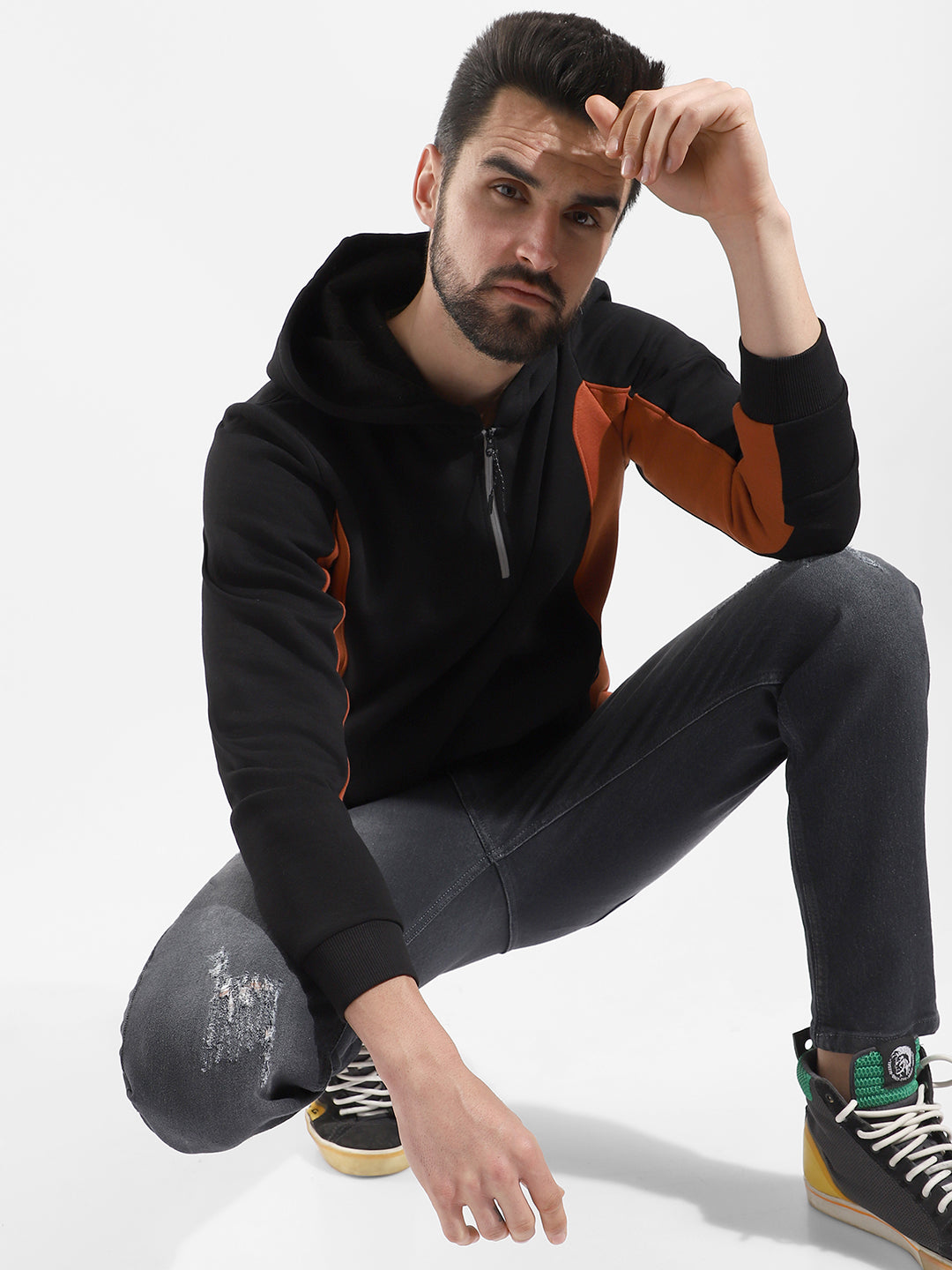 Cotton Black Colour-Blocked Hoodie Sweatshirt Regular Fit For Casual Wear