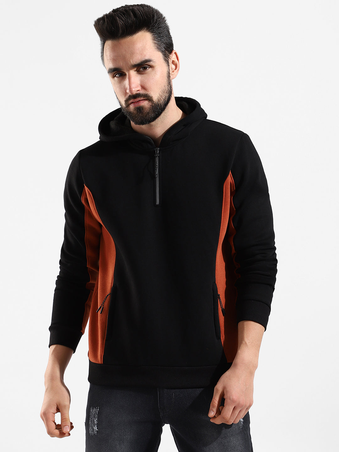 Cotton Black Colour-Blocked Hoodie Sweatshirt Regular Fit For Casual Wear