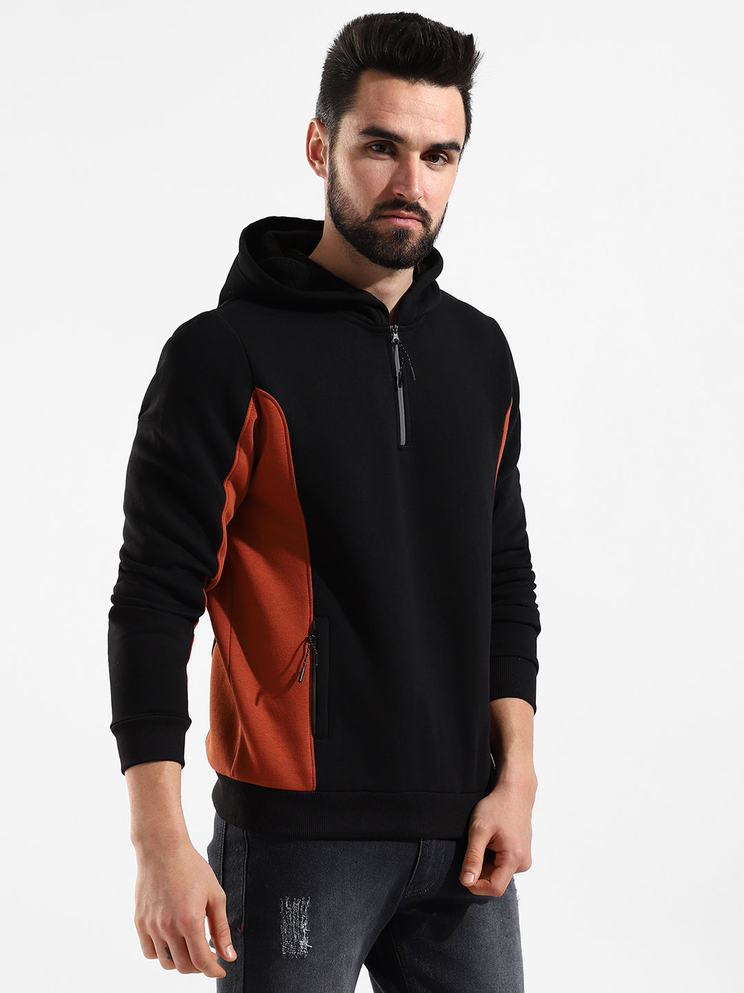 Cotton Black Colour-Blocked Hoodie Sweatshirt Regular Fit For Casual Wear