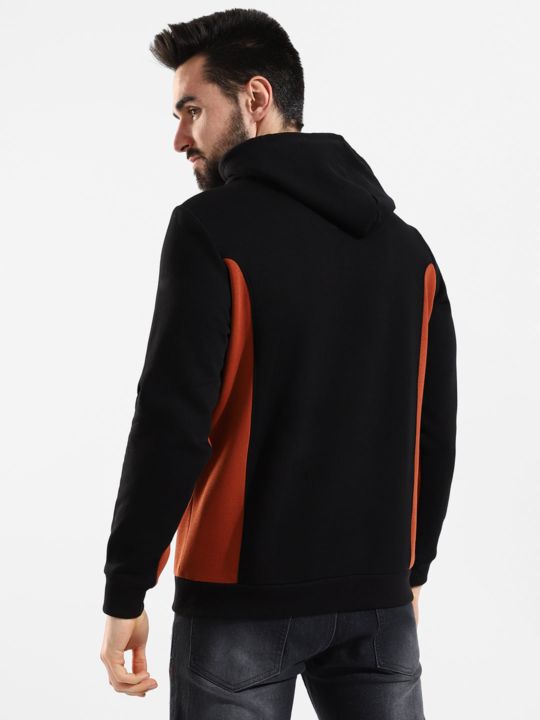 Cotton Black Colour-Blocked Hoodie Sweatshirt Regular Fit For Casual Wear