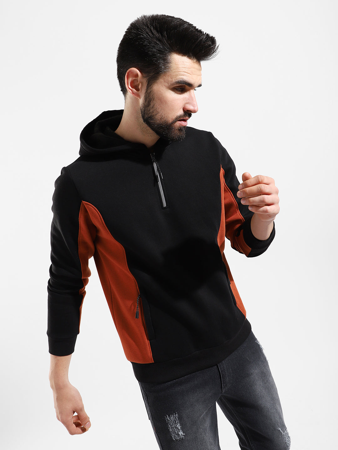 Cotton Black Colour-Blocked Hoodie Sweatshirt Regular Fit For Casual Wear