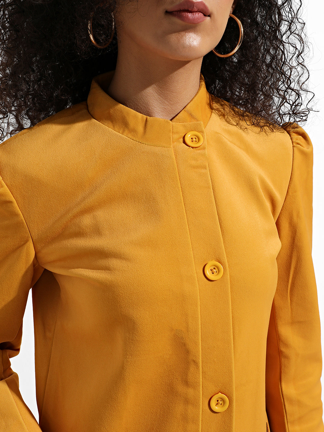 Mustard Yellow Single-Breasted Blazer With Power Shoulders