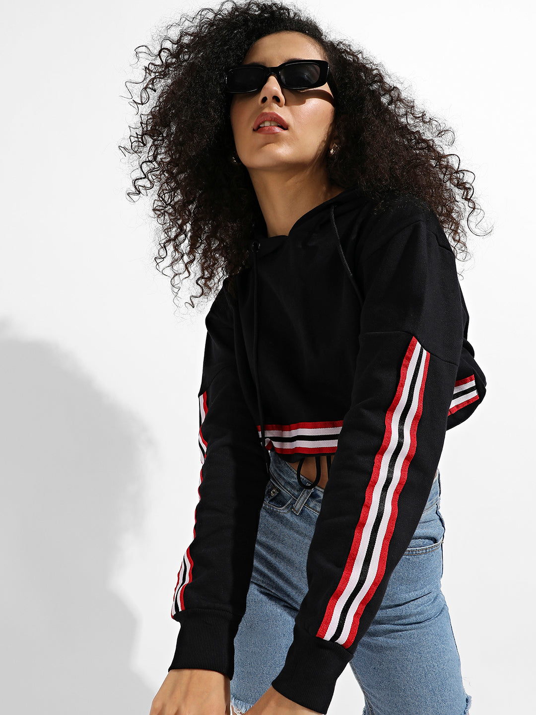 Tie-Up Waist Hoodie With Contrast Striped Sleeves