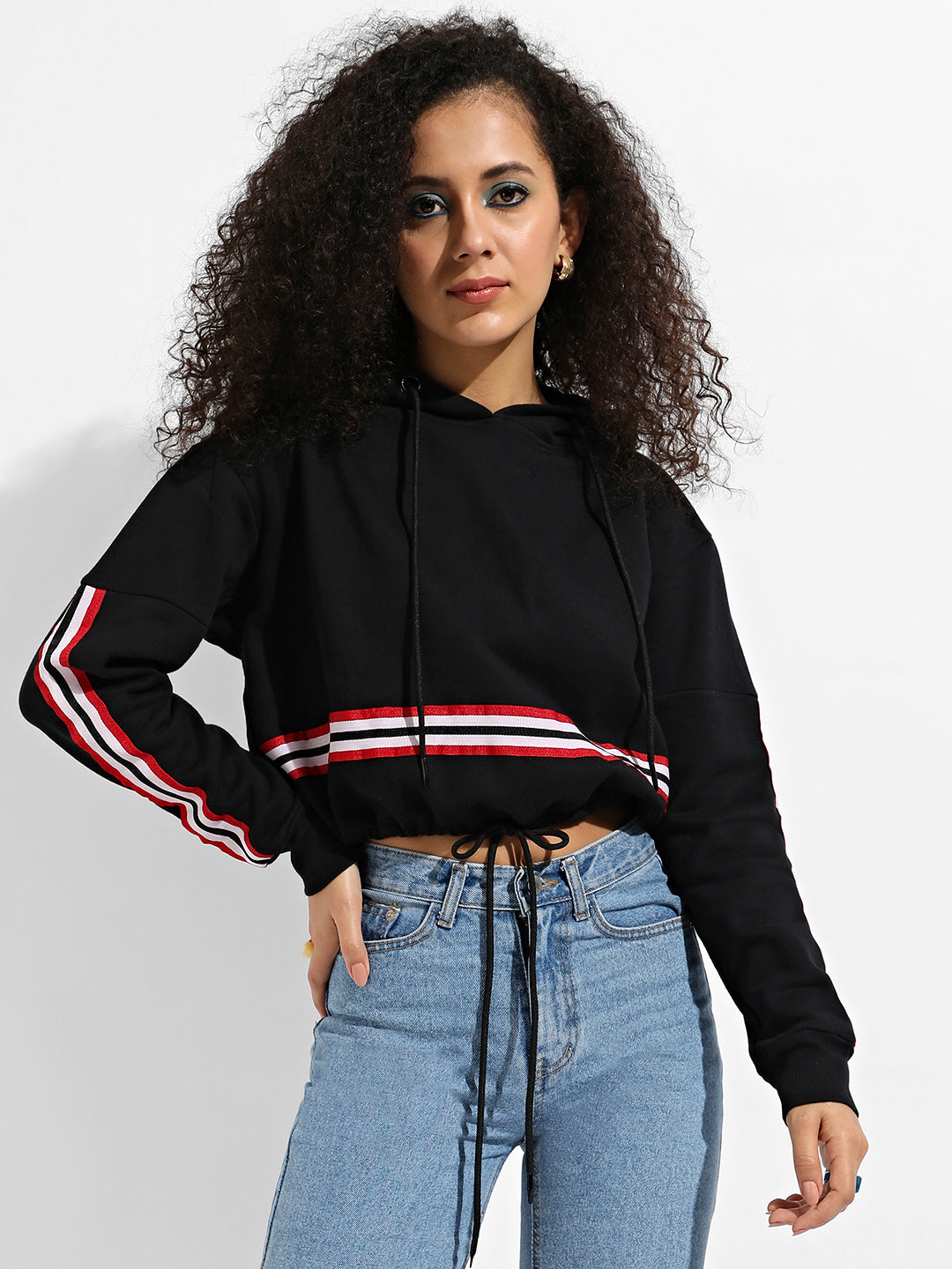 Tie-Up Waist Hoodie With Contrast Striped Sleeves