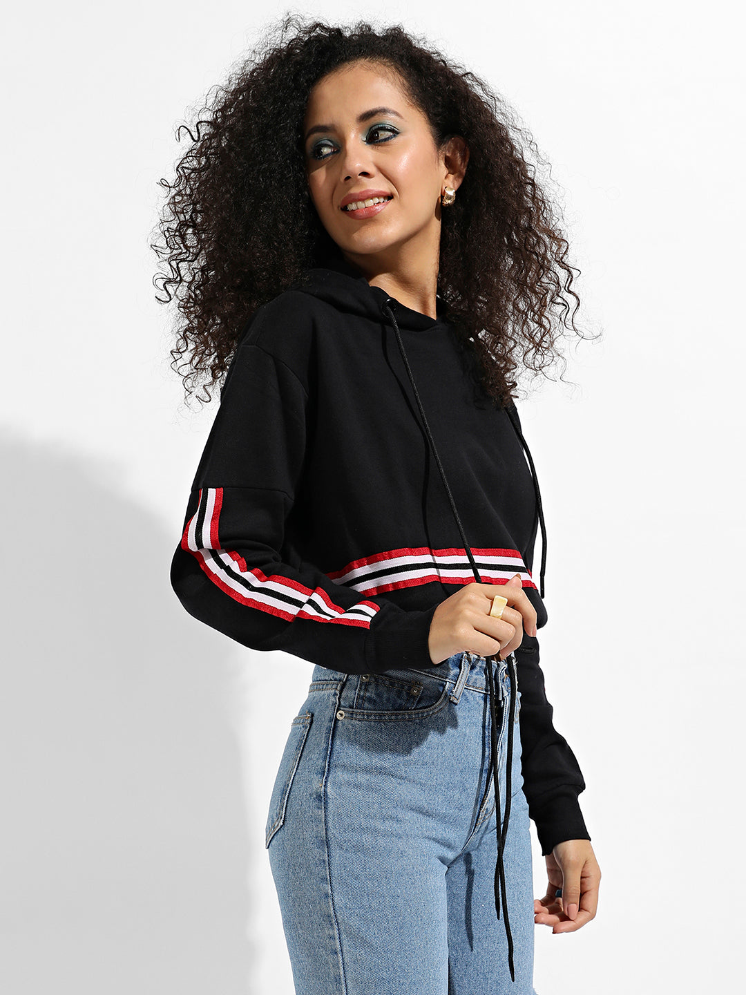 Tie-Up Waist Hoodie With Contrast Striped Sleeves