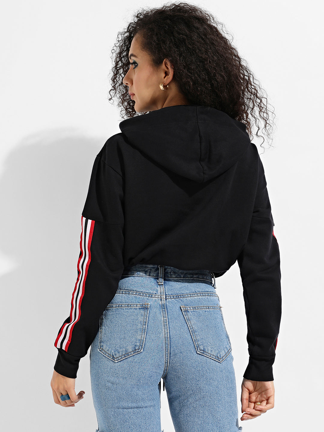 Tie-Up Waist Hoodie With Contrast Striped Sleeves