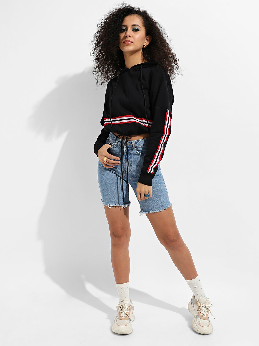 Tie-Up Waist Hoodie With Contrast Striped Sleeves