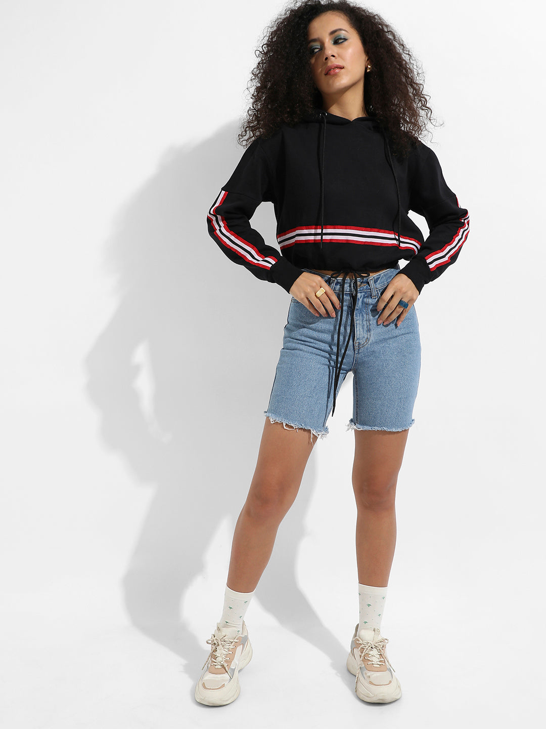 Tie-Up Waist Hoodie With Contrast Striped Sleeves