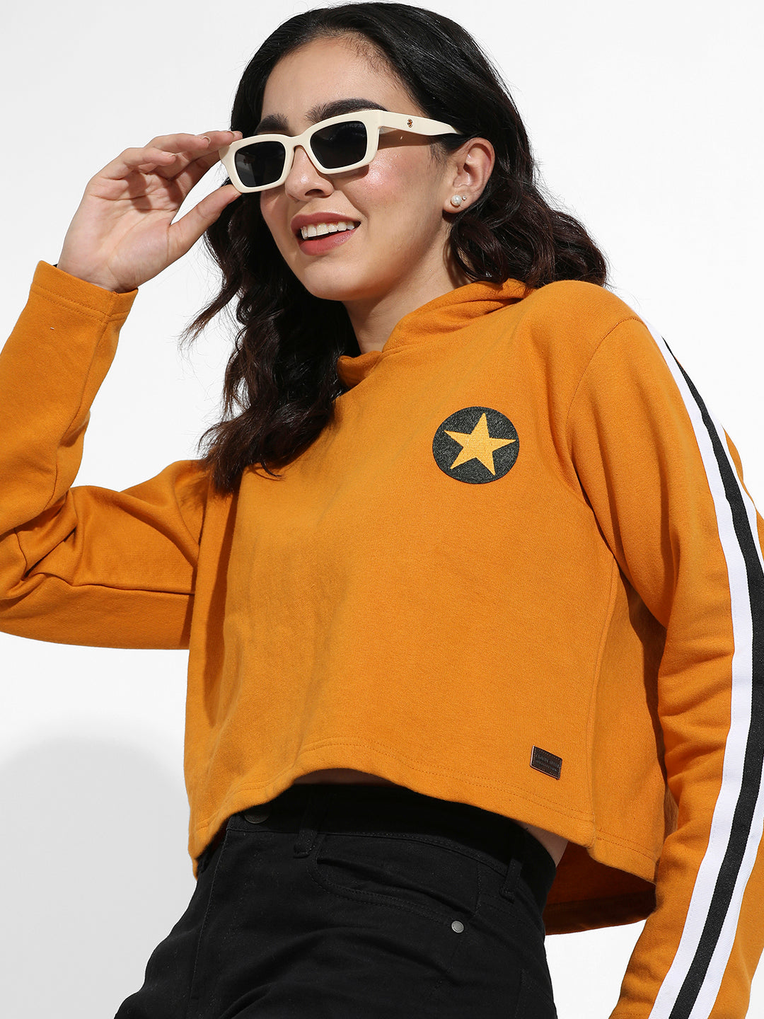 Star Cropped Hoodie With Striped Sleeve