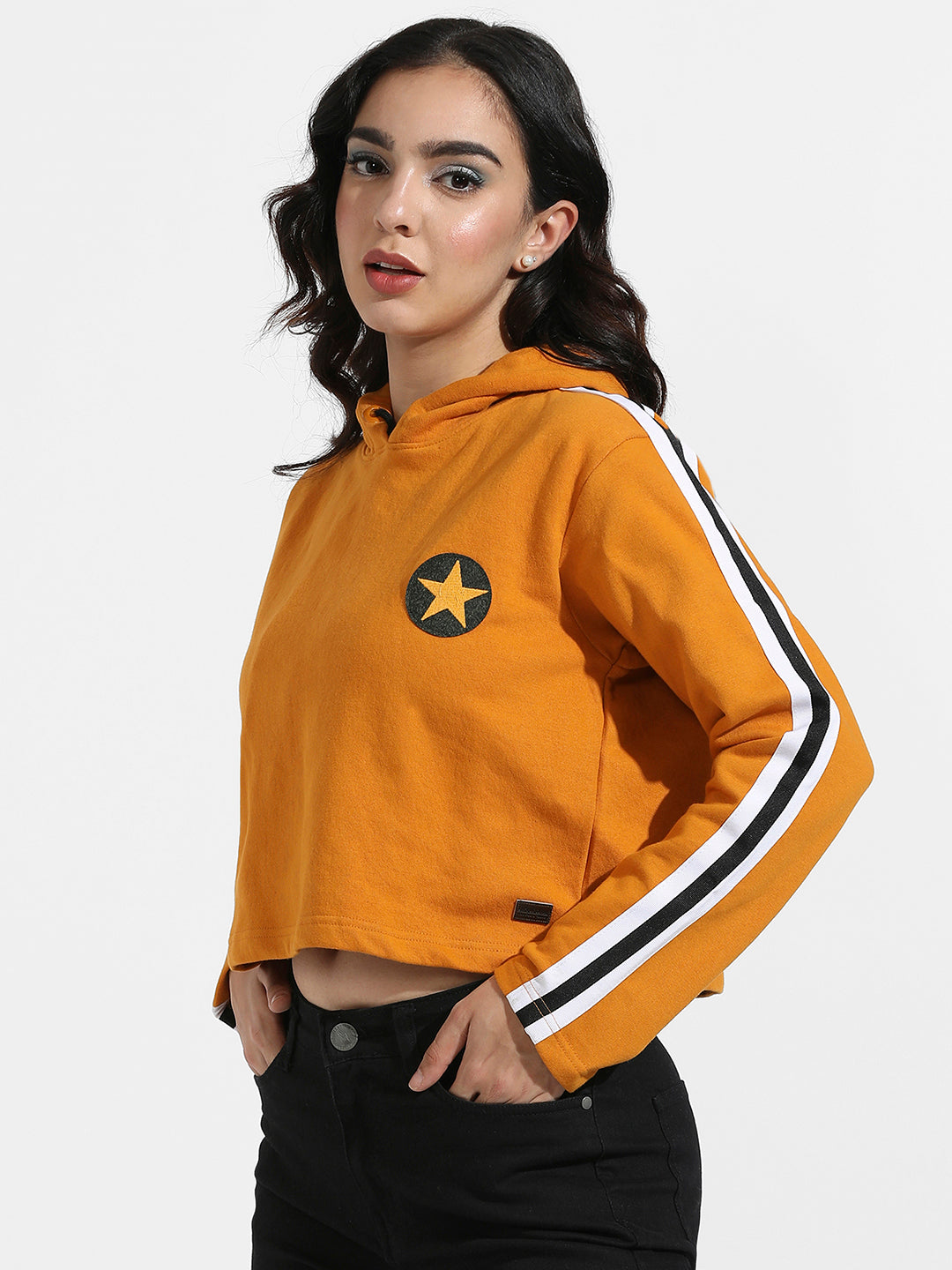 Star Cropped Hoodie With Striped Sleeve