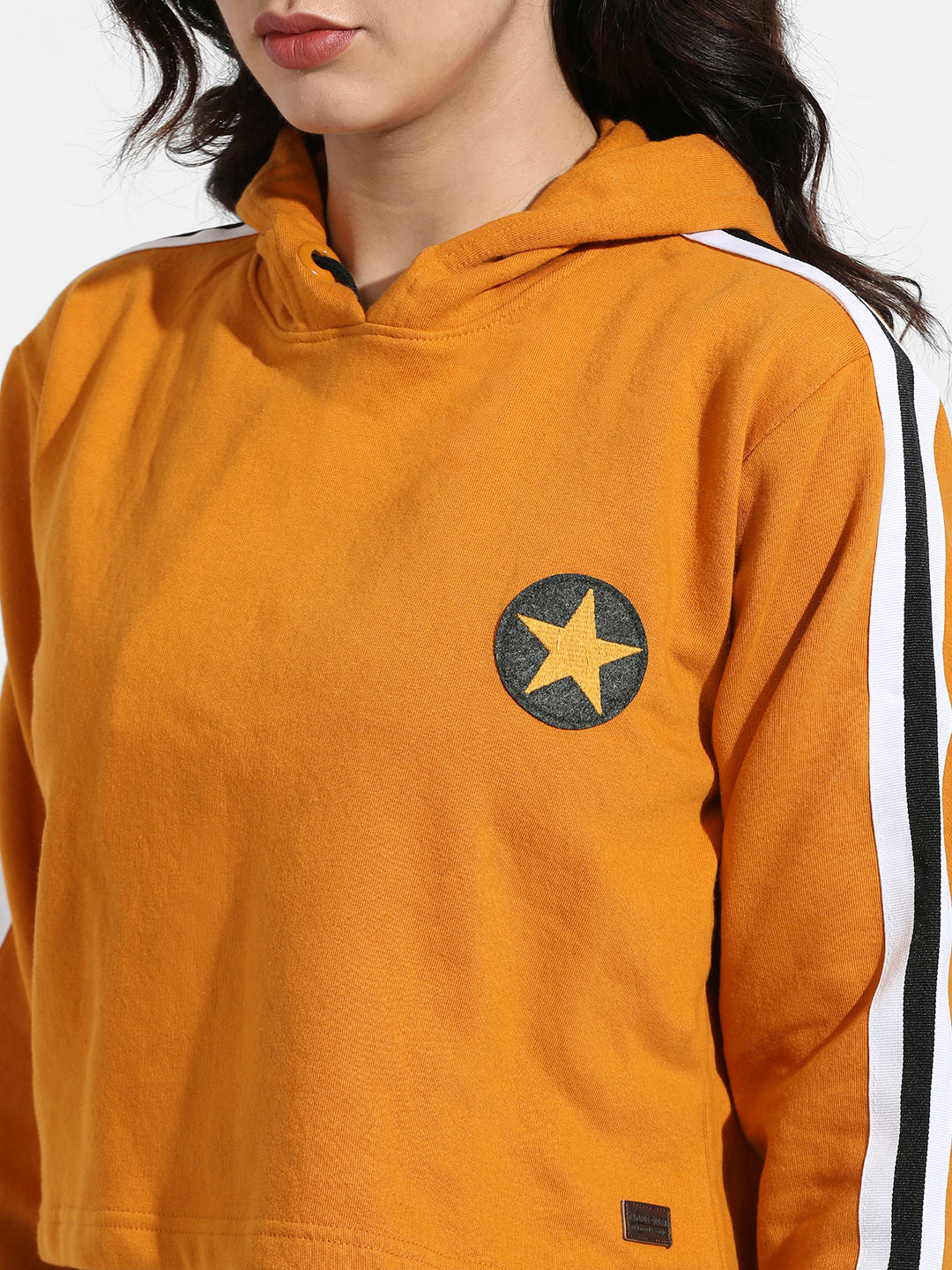 Mustard Yellow Star Cropped Hoodie With Striped Sleeve