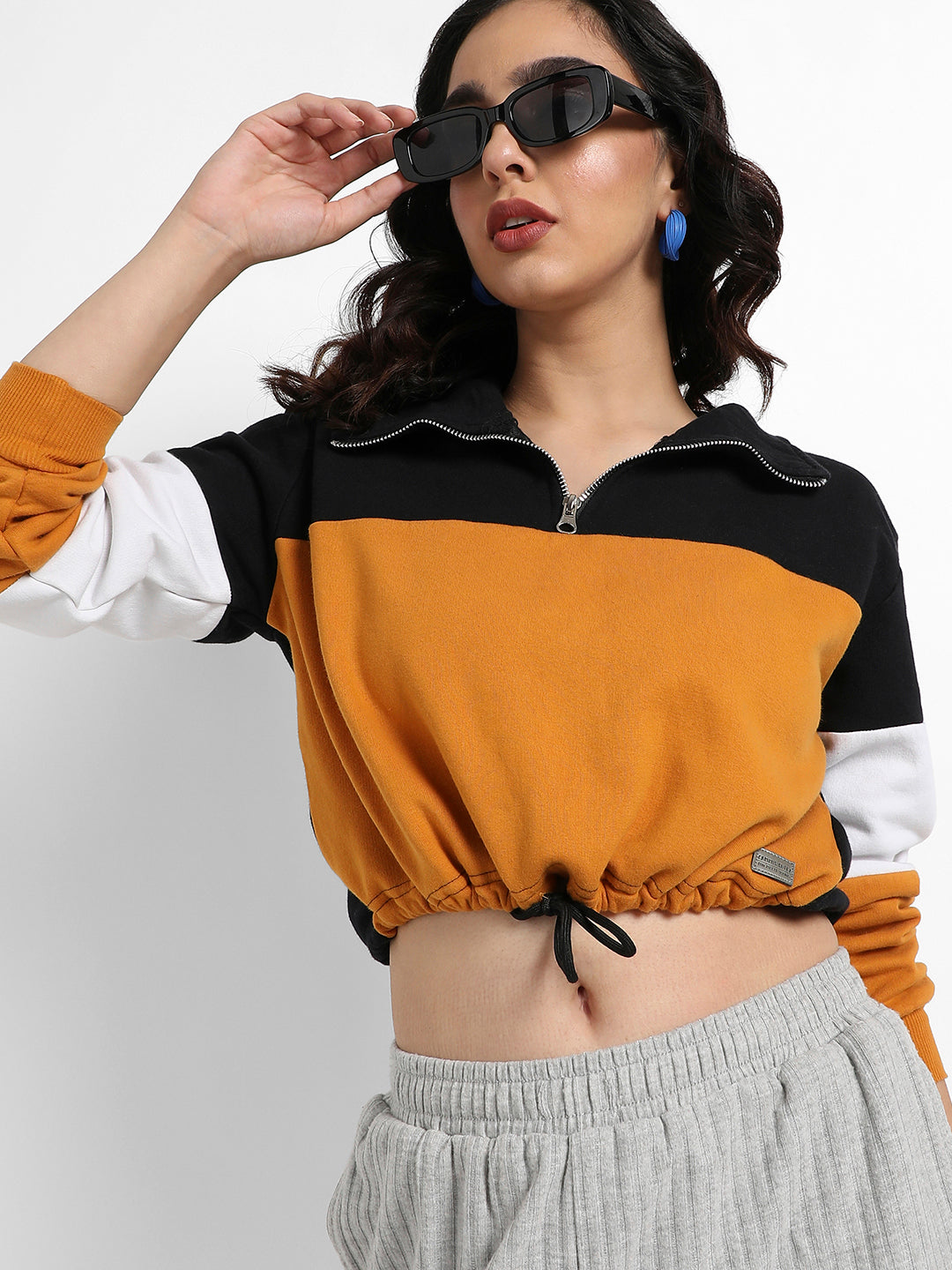 Colourblock Cropped Sweatshirt With Tie-Up Waist